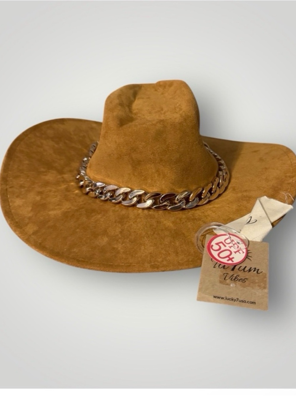 Tan Suede Wide-Brim Hat with Chain Accent-NWT